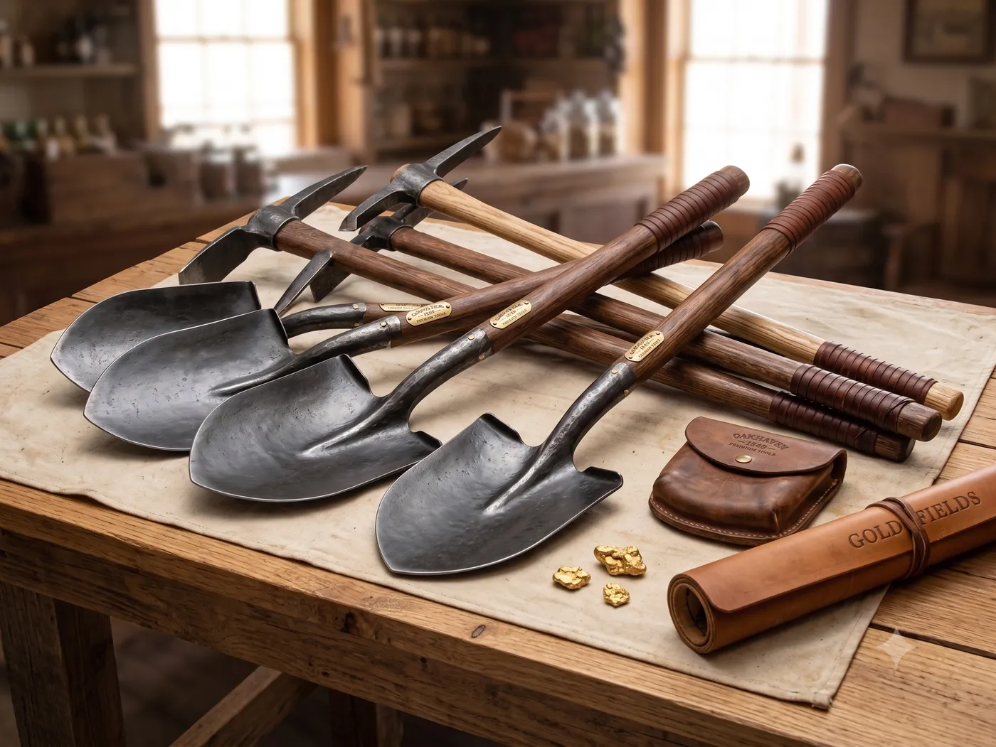 Hand-forged shovels laid out on a workbench beside a few gold nuggets and a rolled leather case marked Gold Fields.